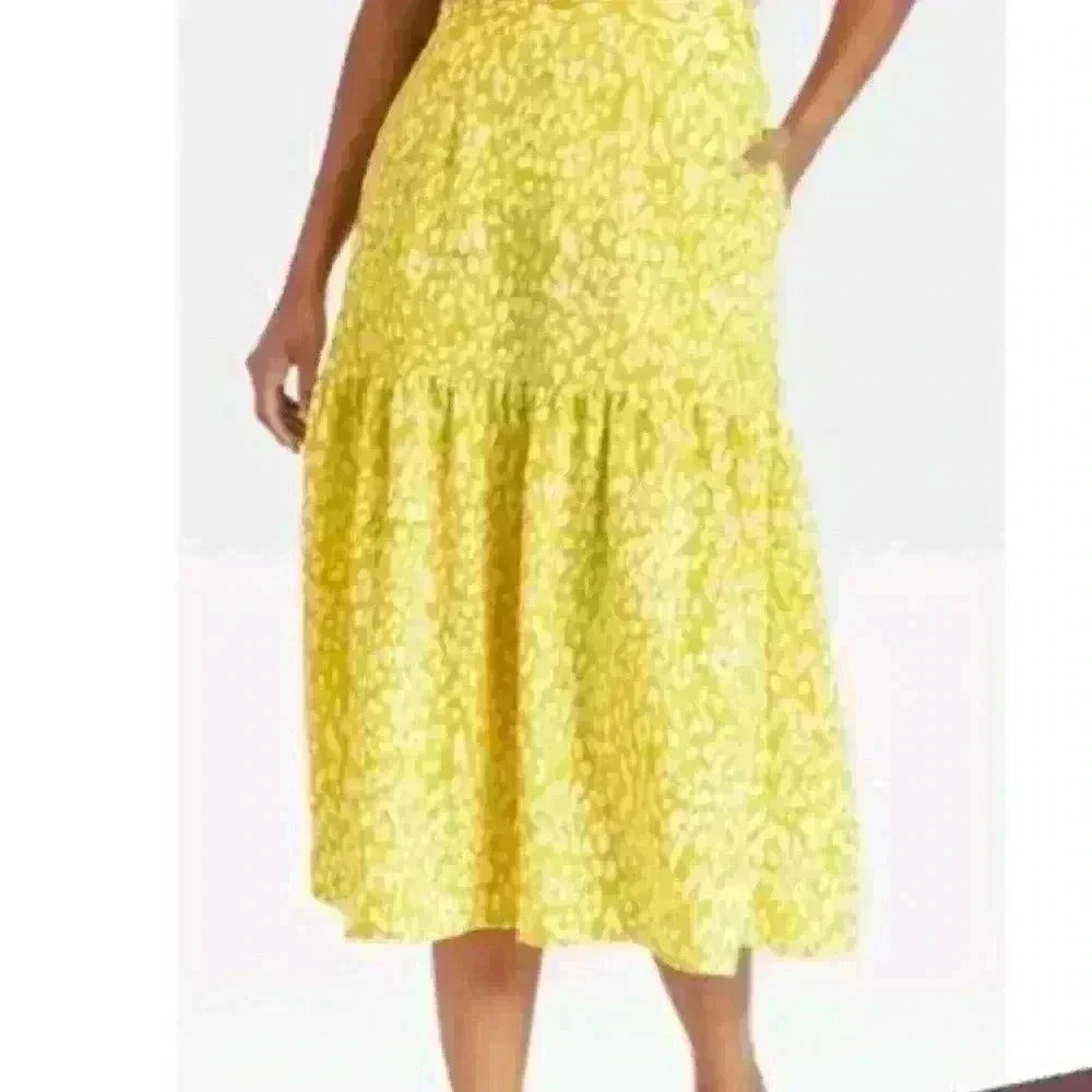 NWT Who What Wear Women's Yellow  Leopard Print Tiered Midi Skirt Size small